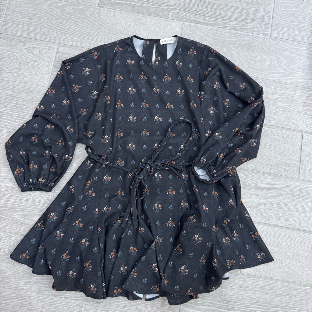 RHODE Ella Bouquet Black Mini Dress Removable Braided Belt Flounce Hem XS VGUC